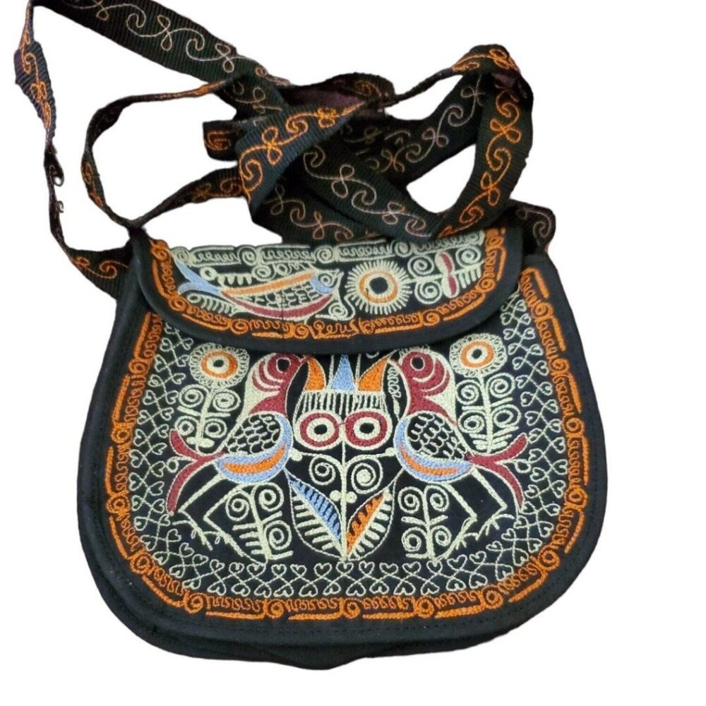 NWOT Mexico Crossbody Owl Birds Hook and Loop Closure Black  Red Blue Uni-sex